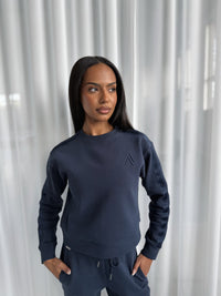 Prime Crew Sweatshirt in Navy, worn by model, front view