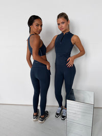 FOCUS LEGGINGS in navy, high-waist full-length leggings worn by two women, front and back view