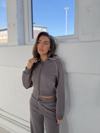 Vela Hood Jacket in Truffle, cropped fit, worn with matching tracksuit bottoms