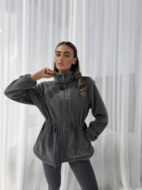 Freedom Sherpa Jacket in Castlerock grey, zip-up with funnel neck, styled on model